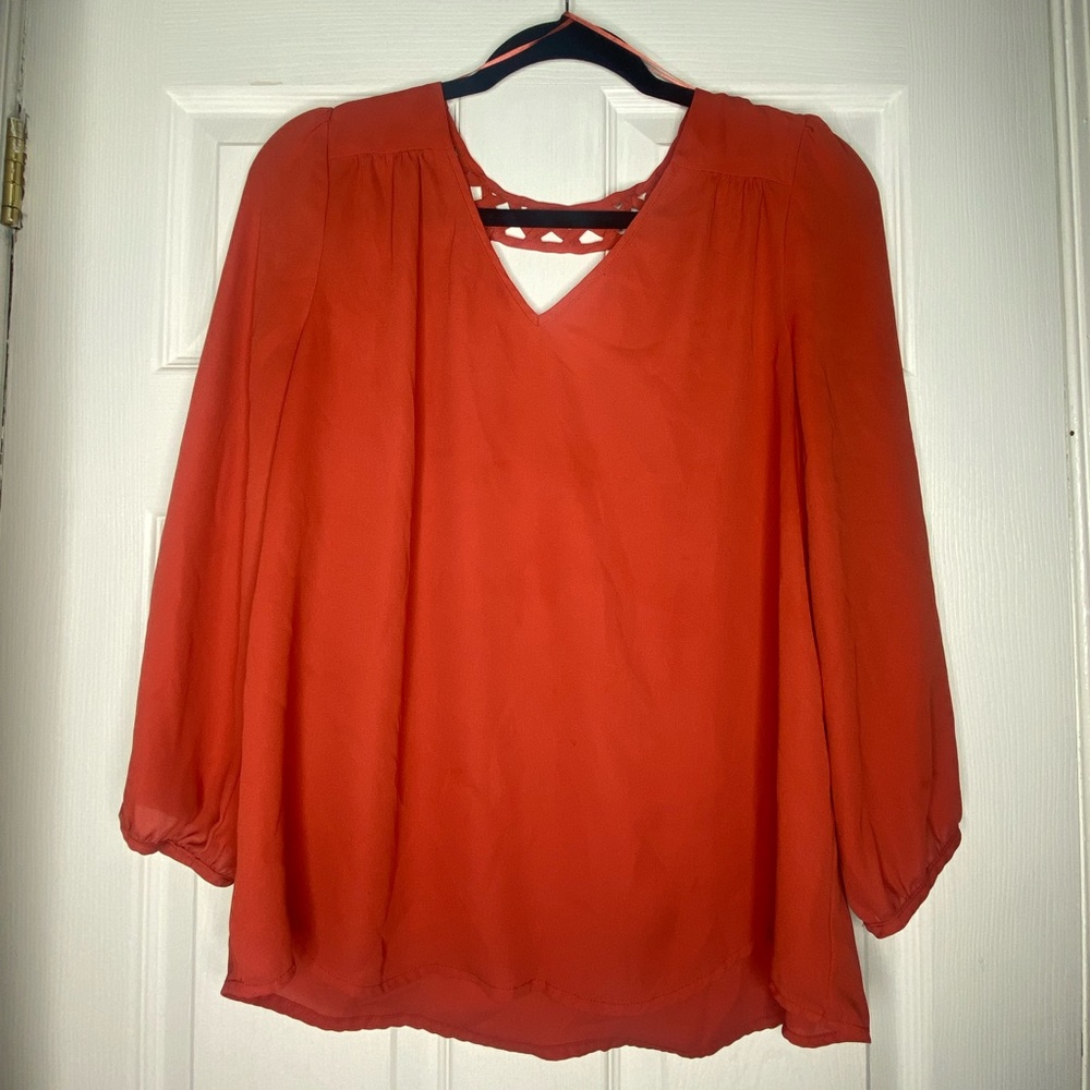 “Skies Are Blue” dark orange 🍊 Large fitted blouse. Partial open back design.